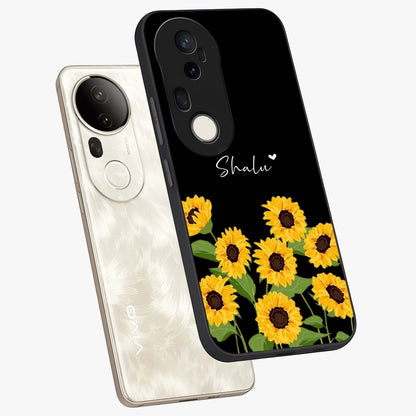 Sunflower Chic Mood Custom Name Glass Case displayed in angled mockup highlighting vibrant sunflower design with custom name feature.