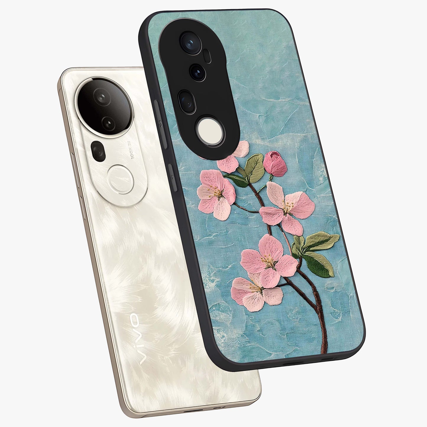 Threaded Blossom Breeze Glass Case displayed in angled mockup highlighting elegant floral design with soft aesthetic style.