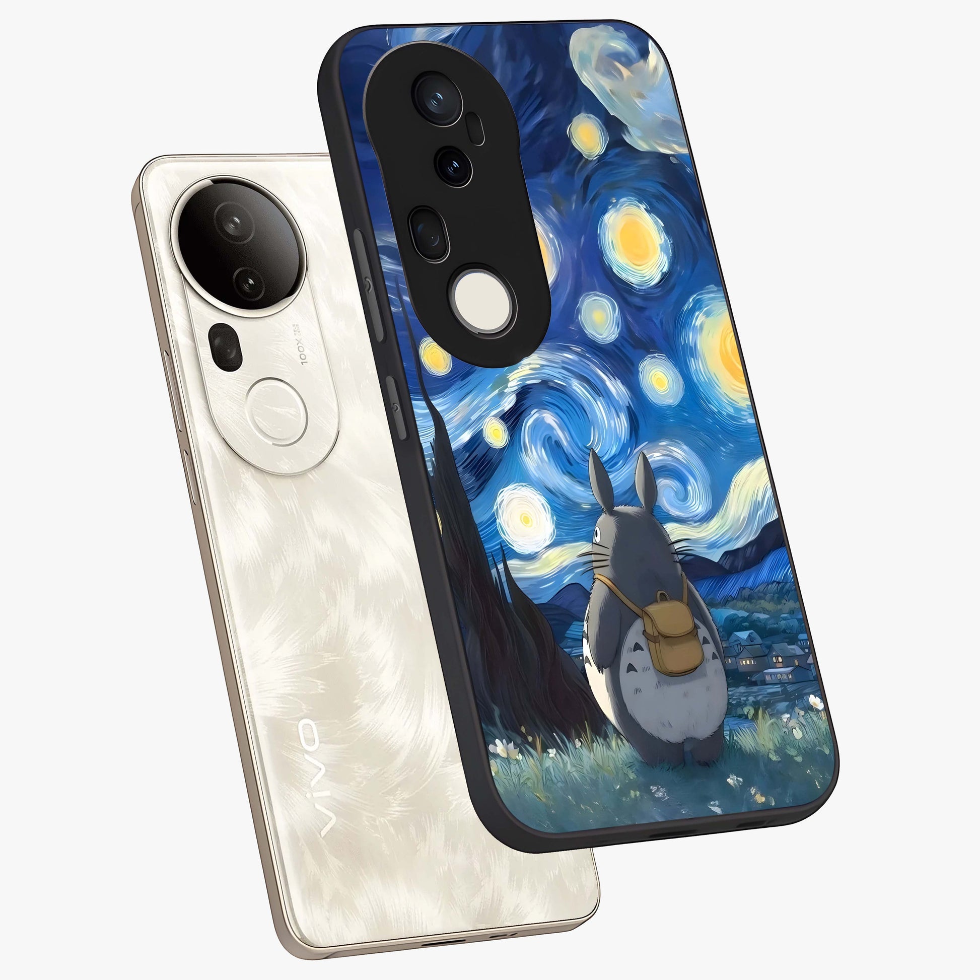 Totoro In Van Gogh Art Glass Case displayed in angled mockup highlighting artistic swirling sky design with playful animation aesthetic.