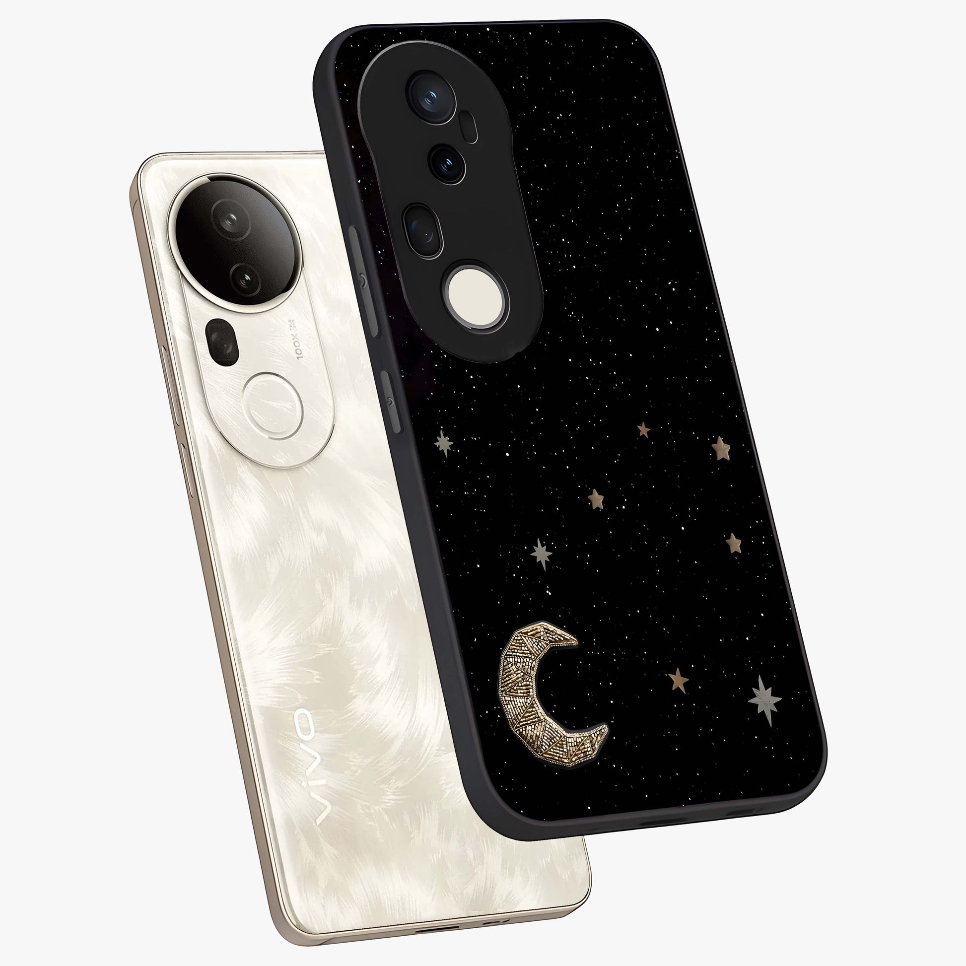 Twinkle Star With Half Moon Glass Case displayed in angled mockup highlighting celestial moon and star design with magical aesthetic.