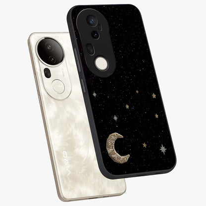 Twinkle Star With Half Moon Glass Case displayed in angled mockup highlighting celestial moon and star design with magical aesthetic.