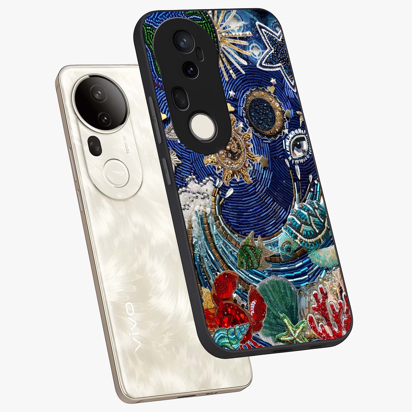 Universe Underwater Spark Glass Case displayed in angled mockup highlighting glowing aquatic design with celestial aesthetic.