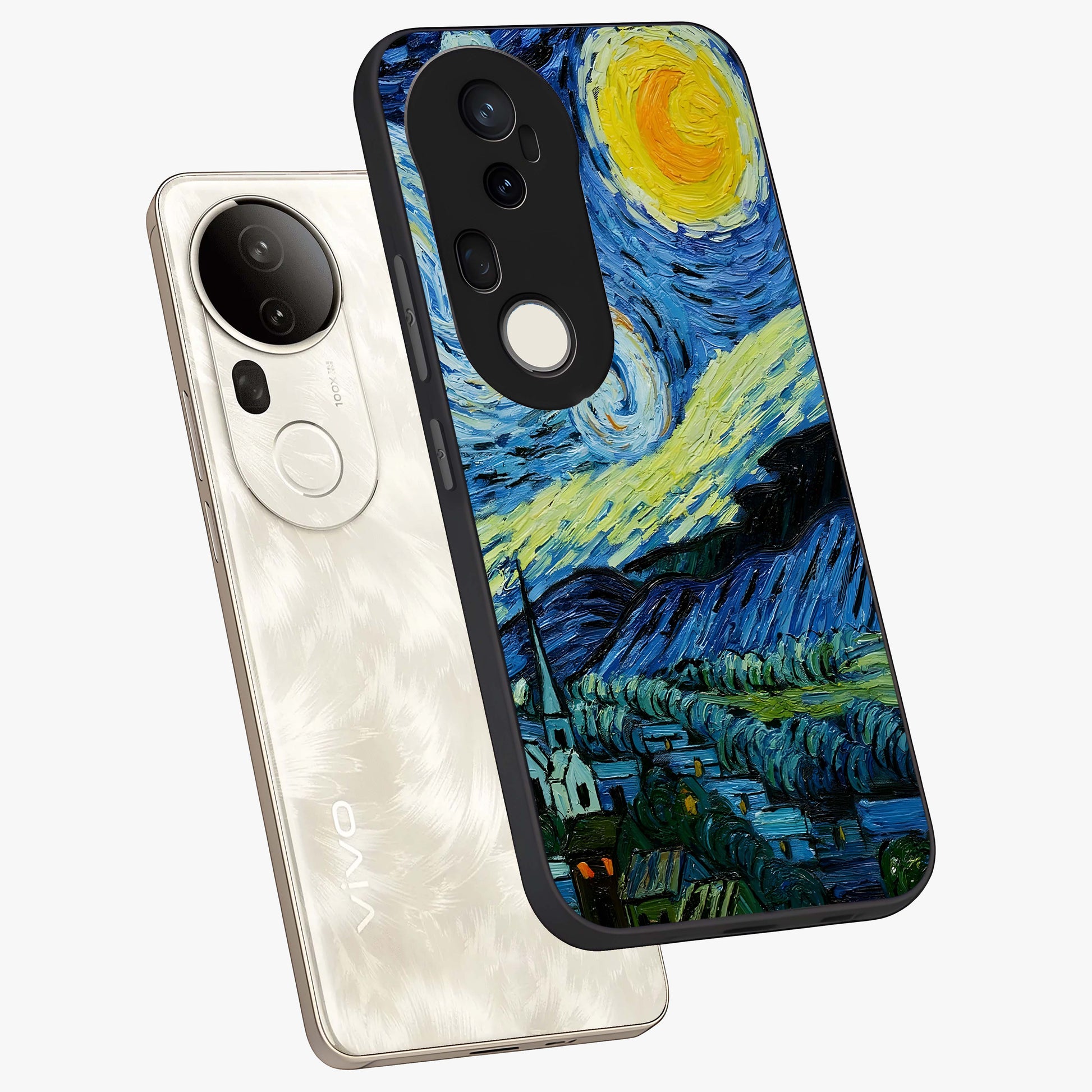 Van Gogh Art Glass Case displayed in angled mockup highlighting swirling brushstroke design with artistic aesthetic.