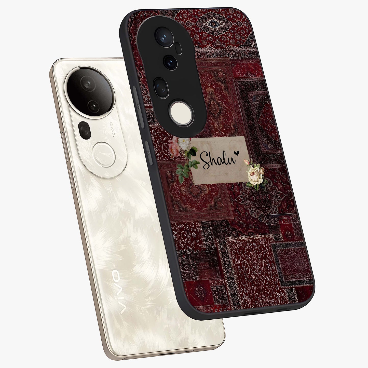 Velvet Wine Pattern Custom Name Glass Case displayed in angled mockup highlighting decorative velvet inspired design with custom name feature.