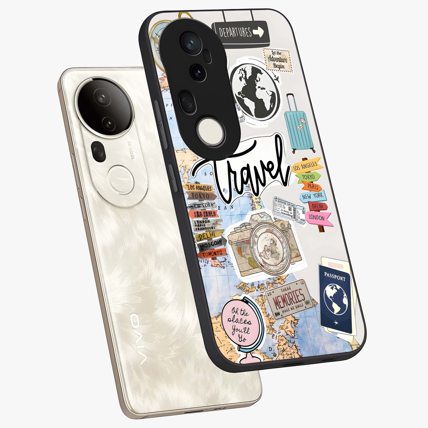 Wanderlust Journal Glass Case displayed in angled mockup highlighting adventure themed design with aesthetic travel vibe.