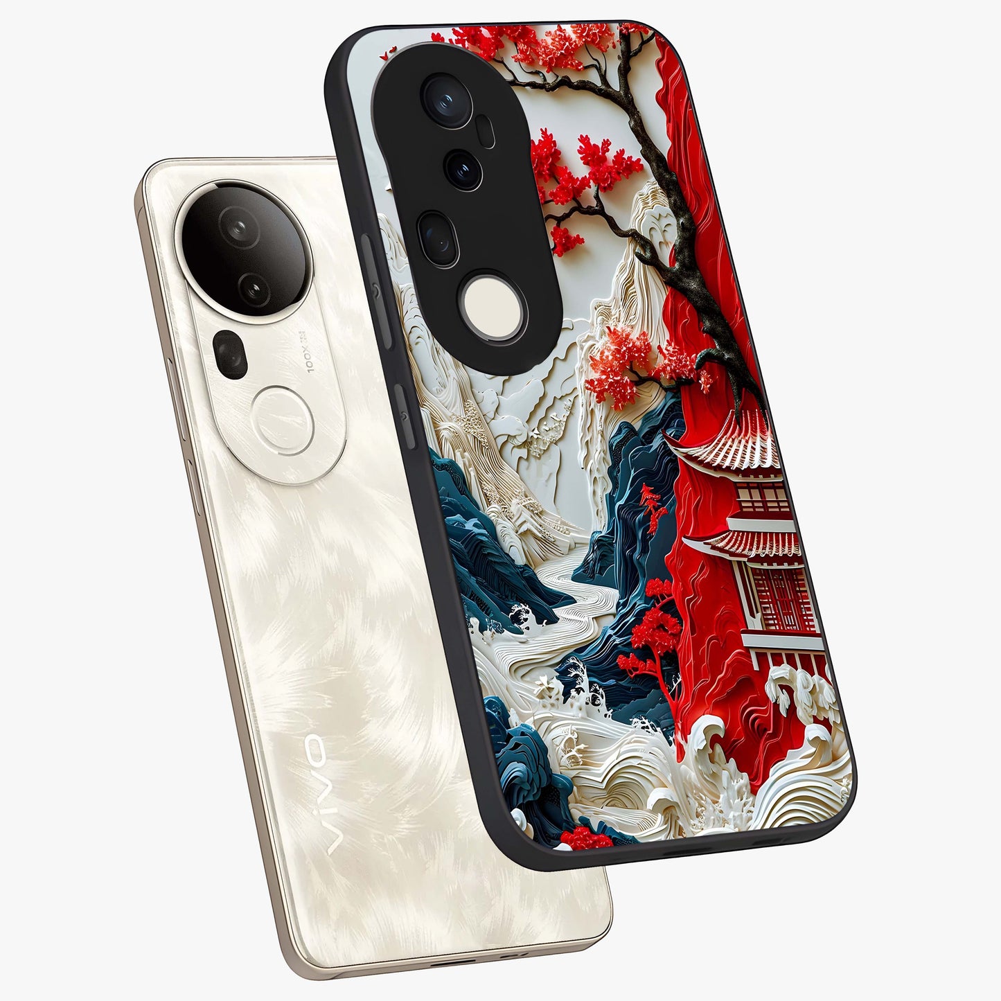 Whispers Of Sakura Waves Glass Case displayed in angled mockup highlighting flowing sakura design with soft floral aesthetic.
