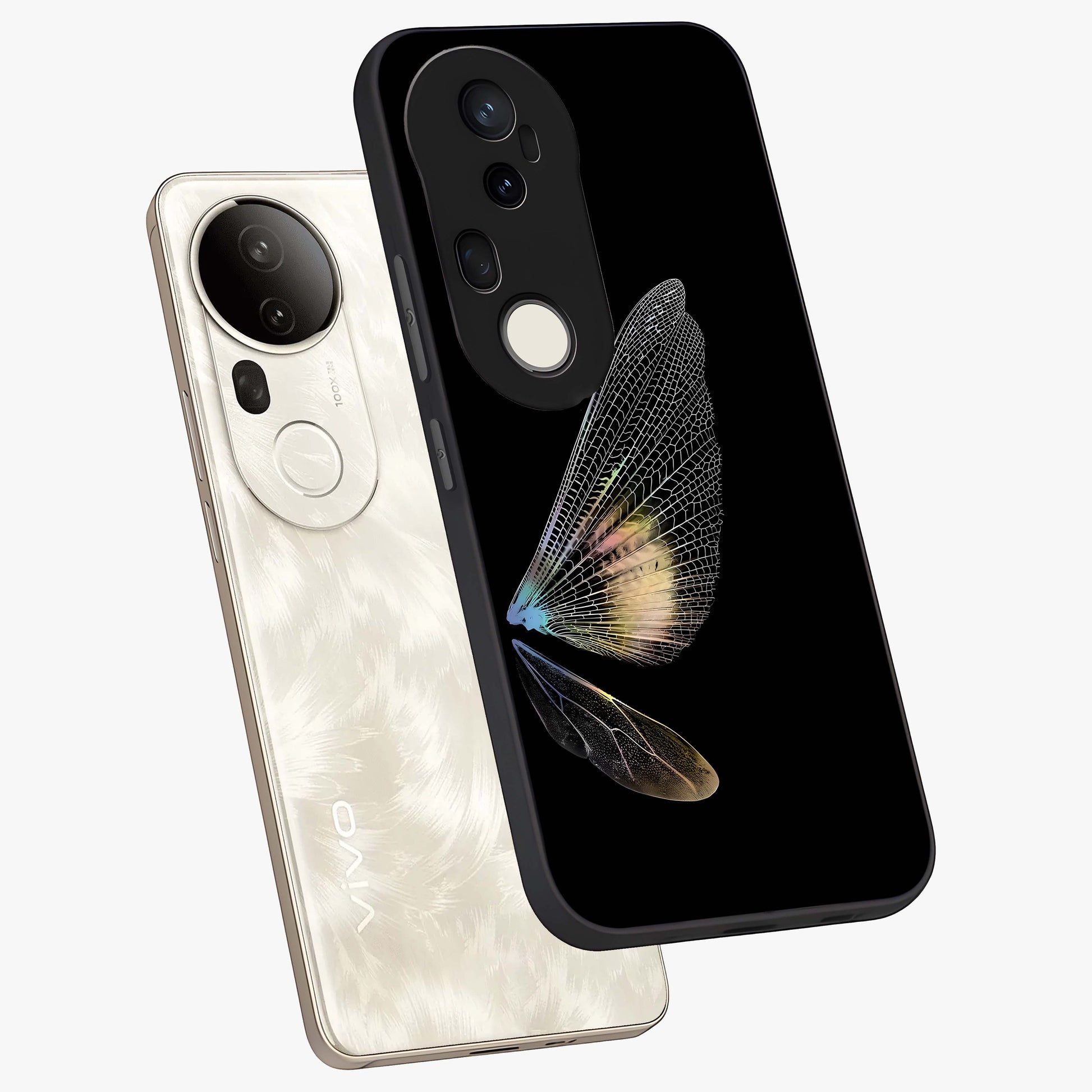 Whispers Of Wings Glass Case displayed in angled mockup highlighting soft feather design with celestial aesthetic style.