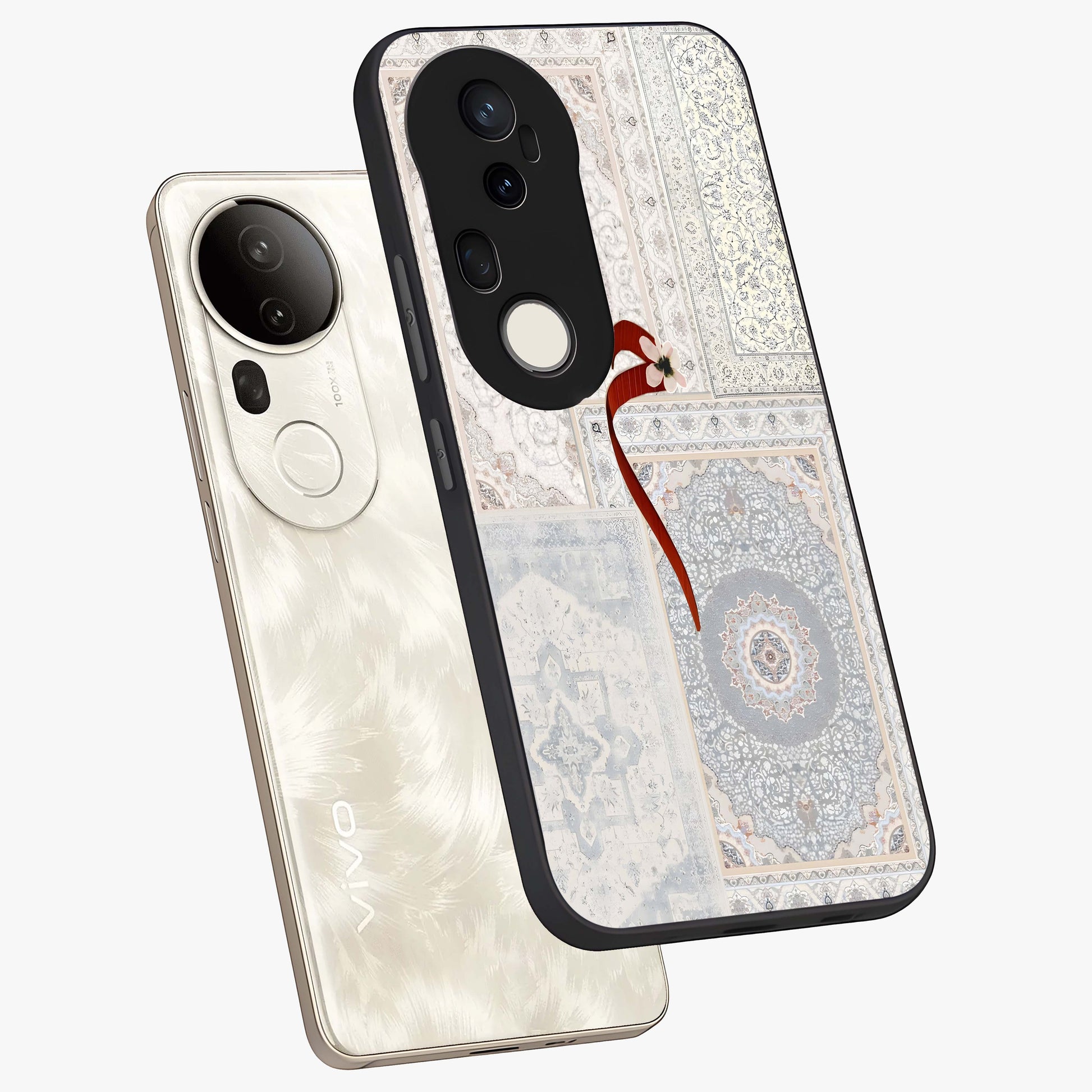 White Aesthetic Bow Glass Case displayed in angled mockup highlighting clean bow design with soft aesthetic style.