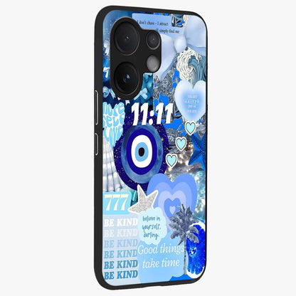 Aesthetic Be Kind Eye Glass Case upright view showcasing stylish eye illustration with positive message theme.