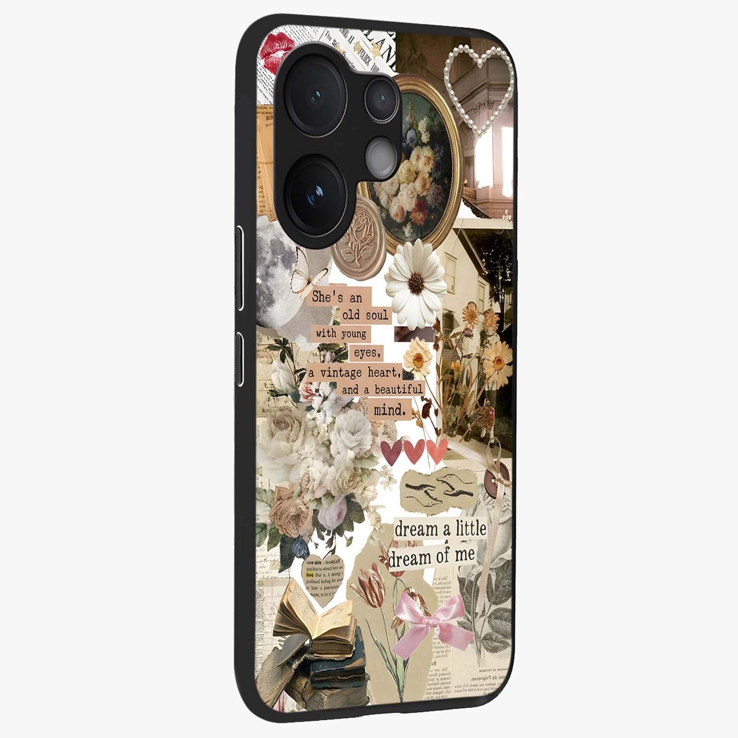 Aesthetic Brown Vintage Collage Glass Case upright view showcasing nostalgic retro artwork with stylish vintage theme.