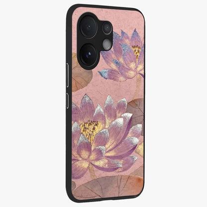 Blossom Mist Lotus Glass Case upright view showcasing graceful lotus flower design with peaceful botanical style.