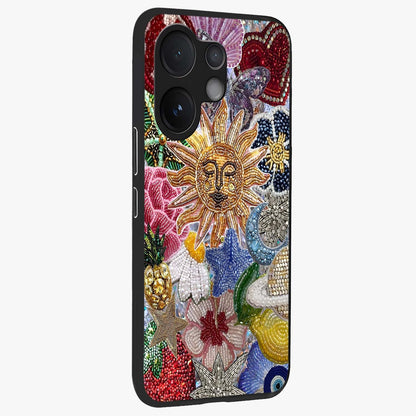 Celestial Floral and Playful Glass Case upright view showcasing whimsical floral artwork with cosmic aesthetic theme.