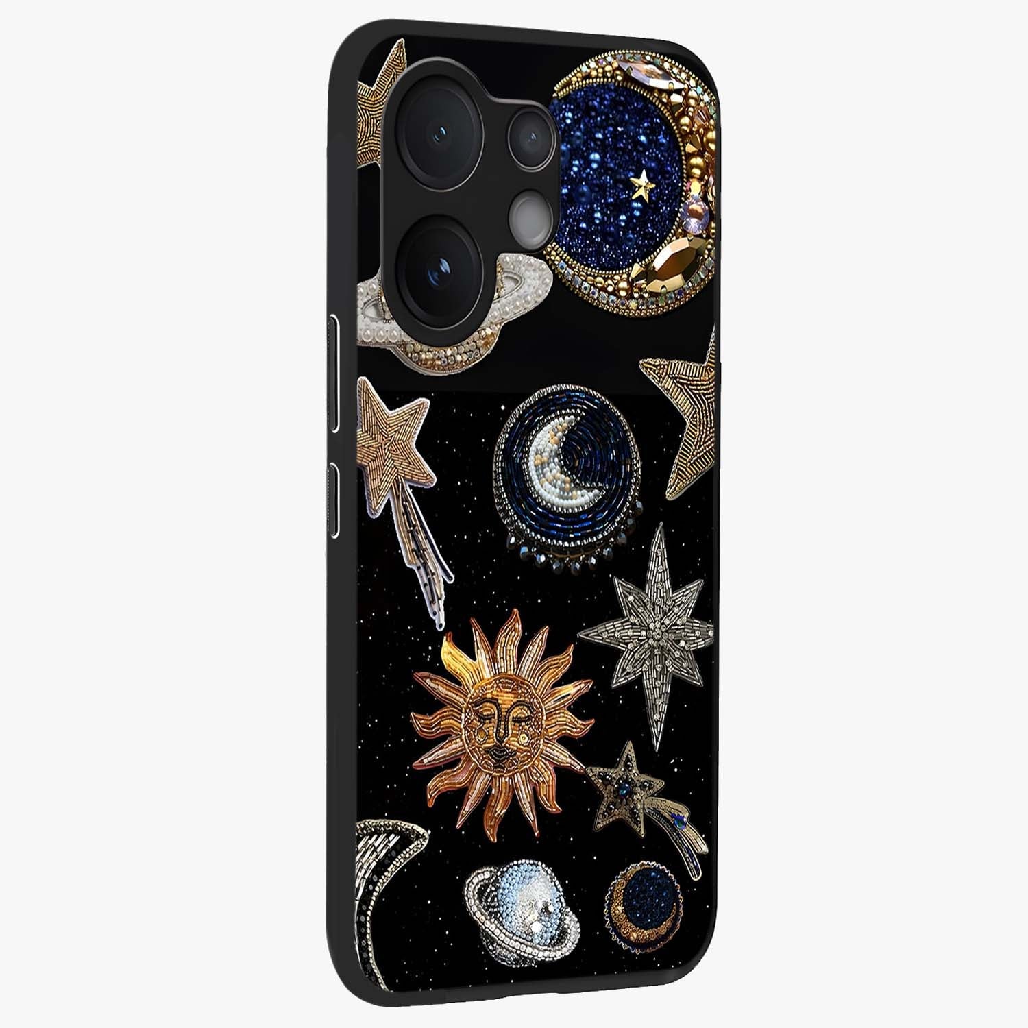 Celestial Gem Constellations Glass Case upright view showcasing cosmic constellation artwork with celestial aesthetic style.