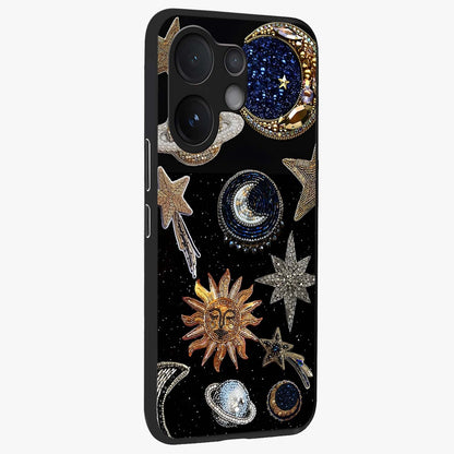 Celestial Gem Constellations Glass Case upright view showcasing cosmic constellation artwork with celestial aesthetic style.