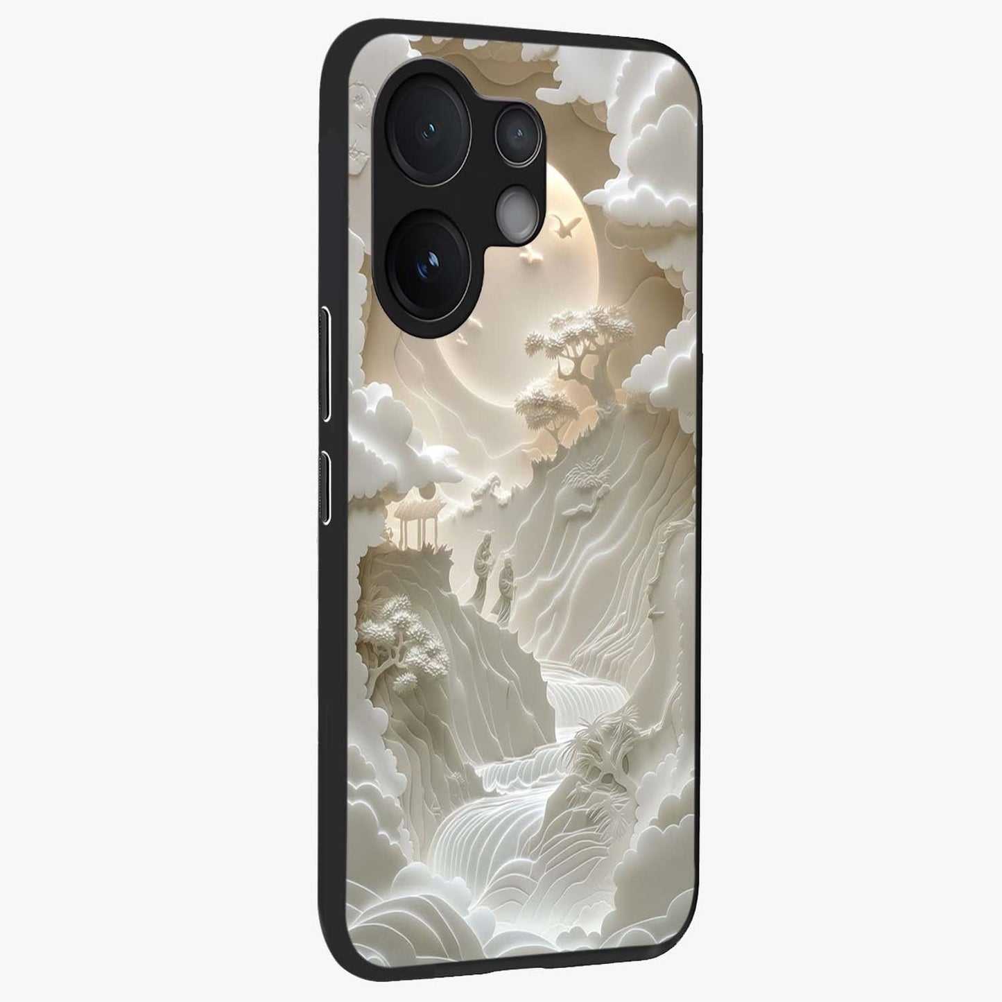 Celestial Origami Glass Case upright view showcasing creative origami artwork with modern celestial style.