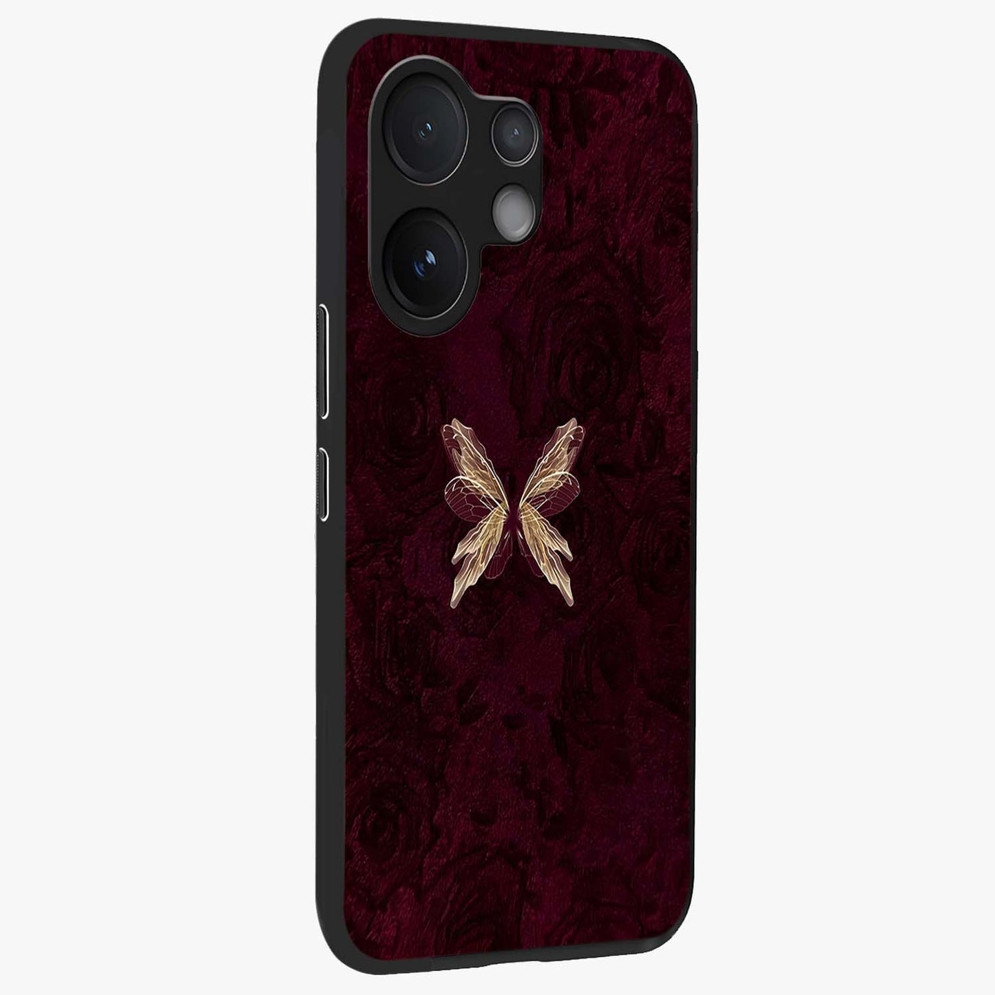 Crimson Fade Butterfly Glass Case upright view showcasing graceful butterfly artwork with soft crimson fade effect.