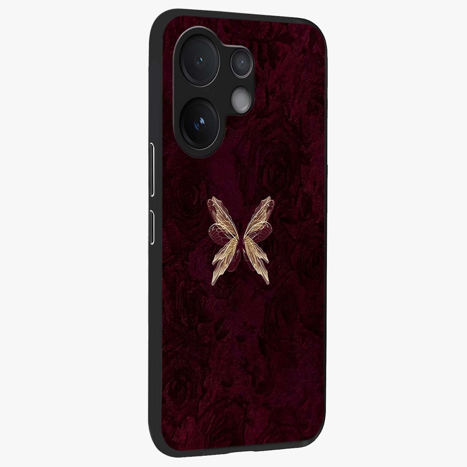 Crimson Fade Butterfly Glass Case upright view showcasing graceful butterfly artwork with soft crimson fade effect.