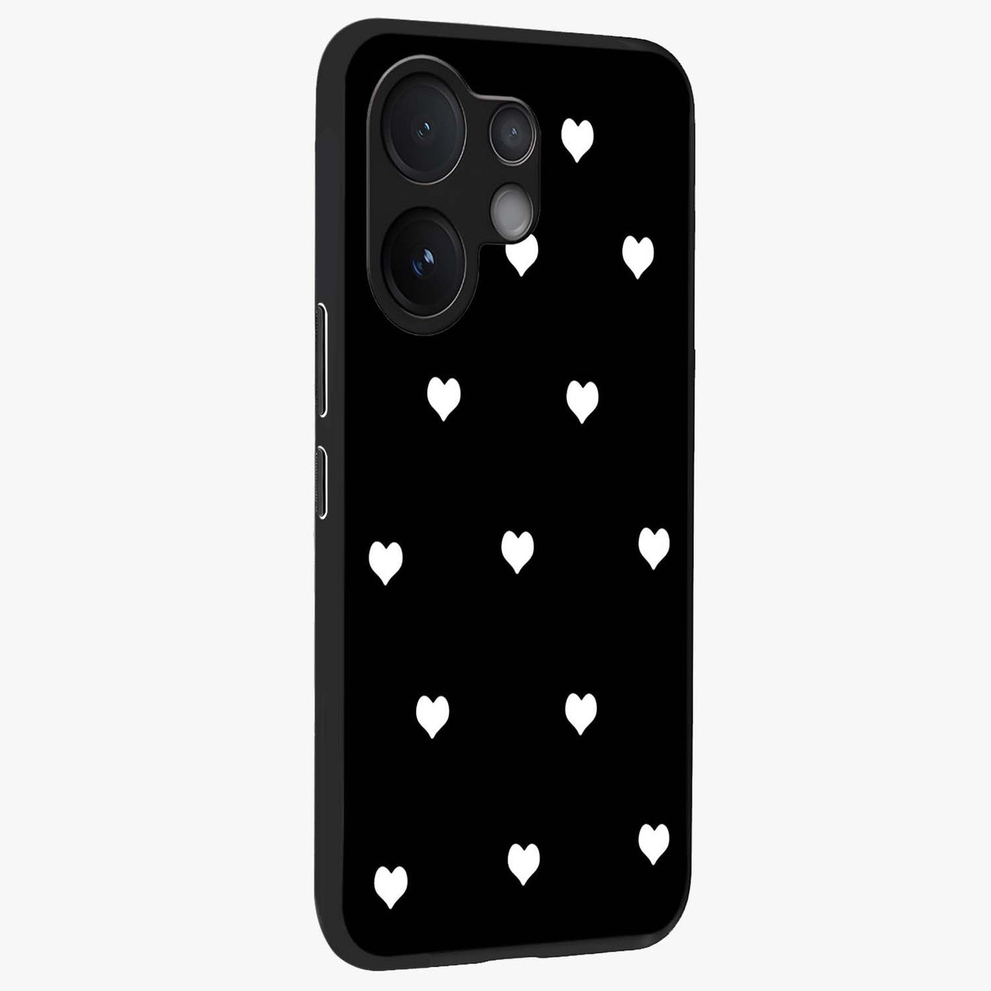 Cute And Simple White Hearts Glass Case upright view showcasing simple white hearts artwork with soft minimal theme.