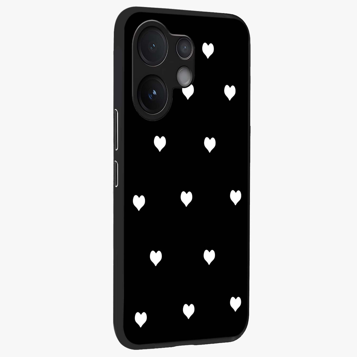 Cute And Simple White Hearts Glass Case upright view showcasing simple white hearts artwork with soft minimal theme.