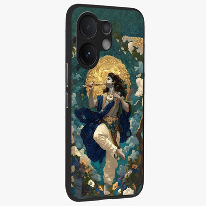 Divine Krishna Art Glass Case upright view showcasing divine Krishna artwork with sacred artistic theme.