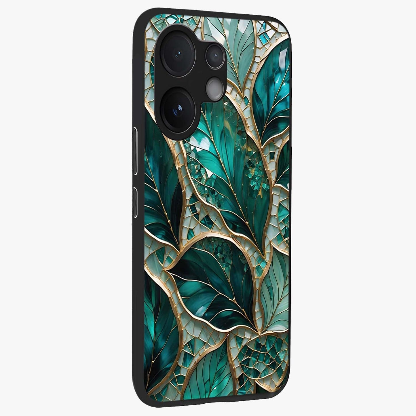 Emerald Leaf Glass Glass Case upright view showcasing fresh green leaf artwork with calming nature inspired style.