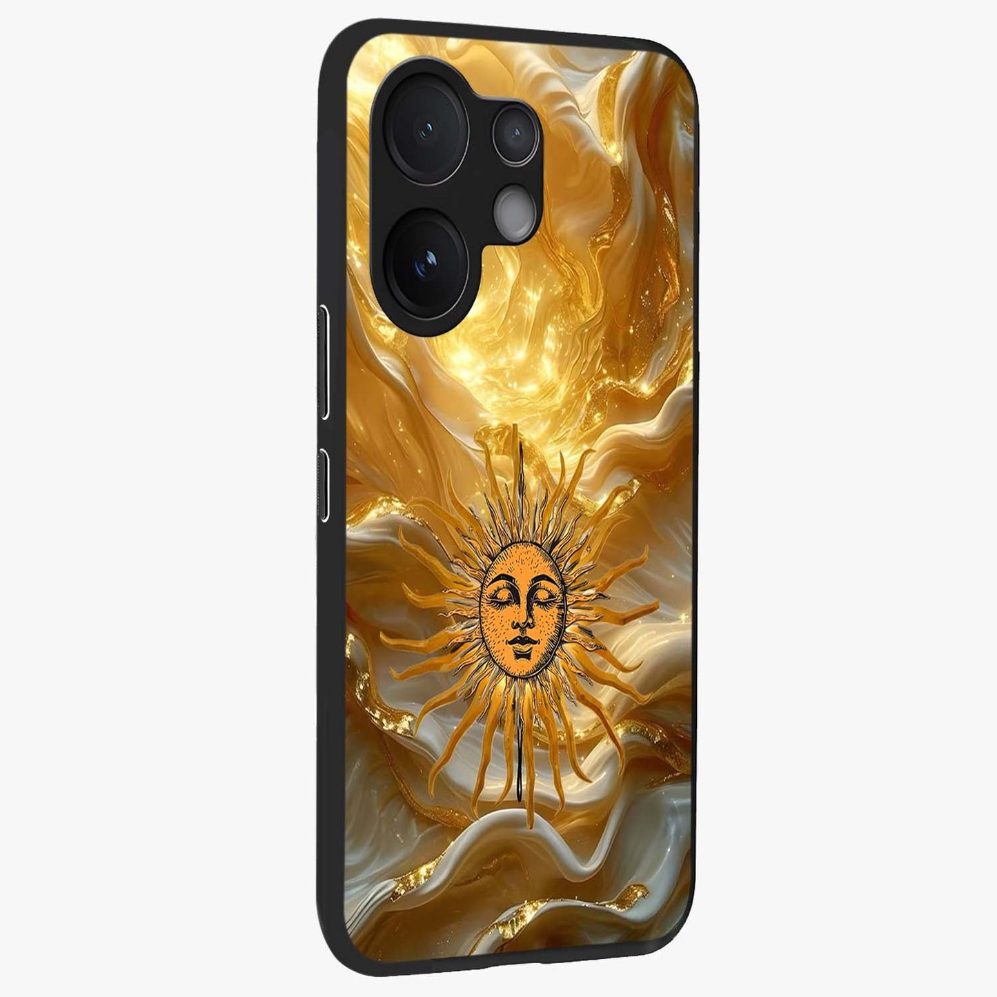 Eternal Golden Glow Glass Case upright view showcasing luminous golden artwork with luxurious visual theme.