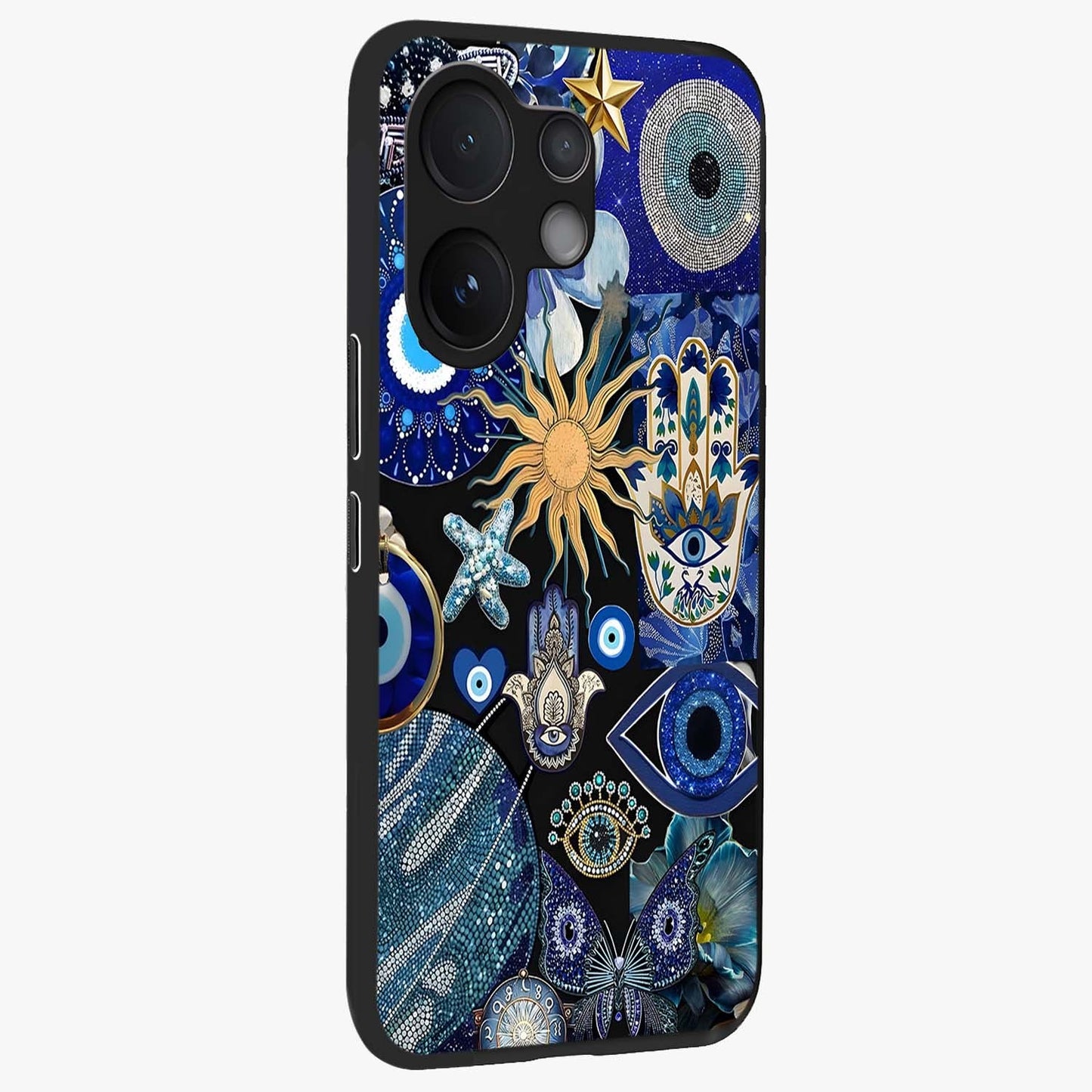 Evil Eye Charm Mix Glass Case upright view showcasing mystical evil eye pattern with vibrant decorative style.