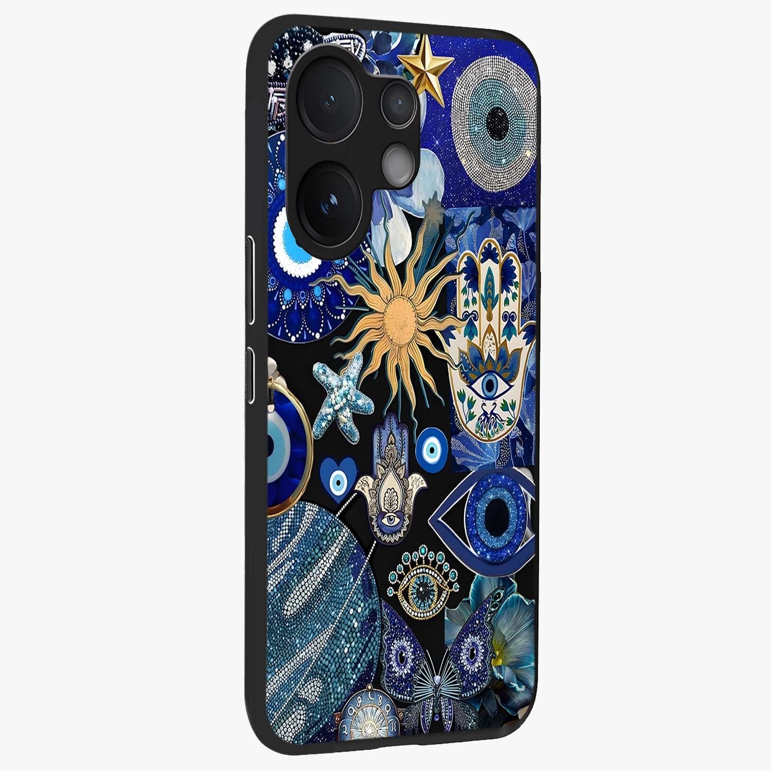 Evil Eye Charm Mix Glass Case upright view showcasing mystical evil eye pattern with vibrant decorative style.