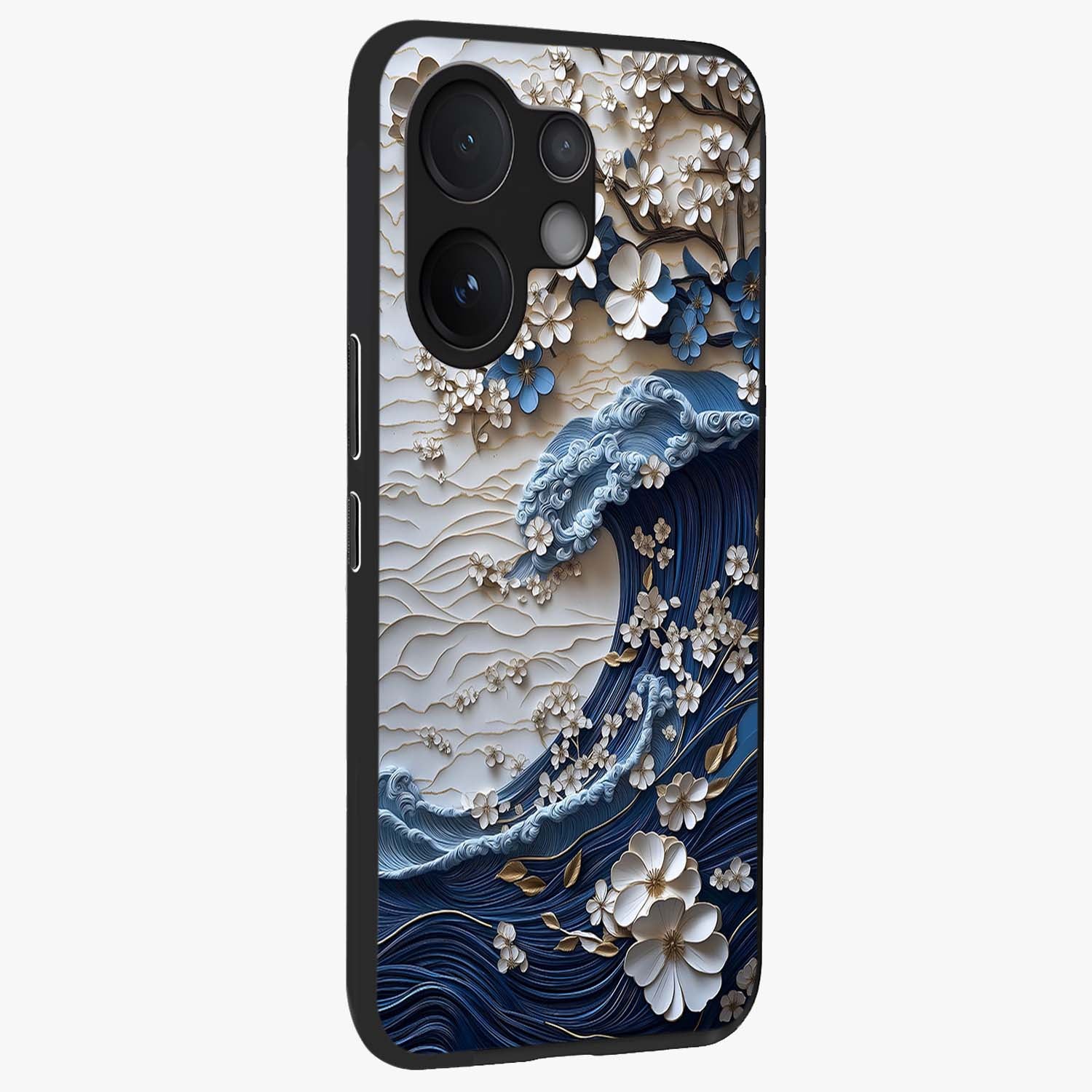 Floral Wave Origami Glass Case upright view showcasing creative floral origami artwork with artistic decorative theme.