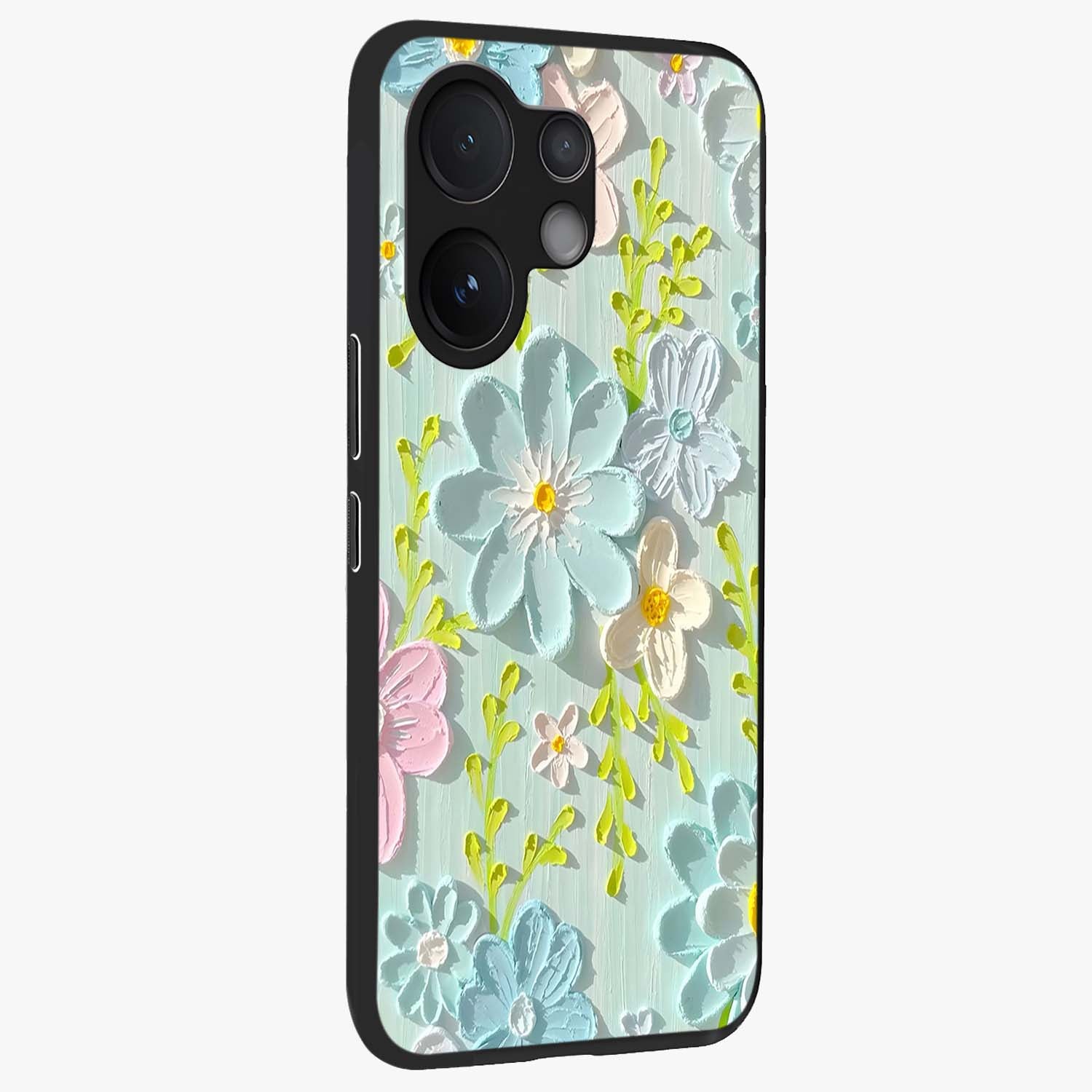 Frosted Petal Garden Glass Case upright view showcasing elegant floral garden artwork with soothing pastel theme.