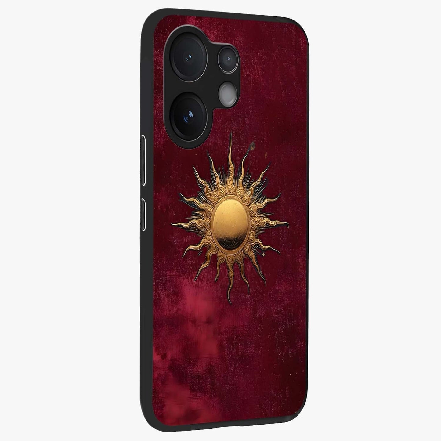 Golden Sun Minimalism Glass Case upright view showcasing simple golden sun artwork with elegant minimalist style.