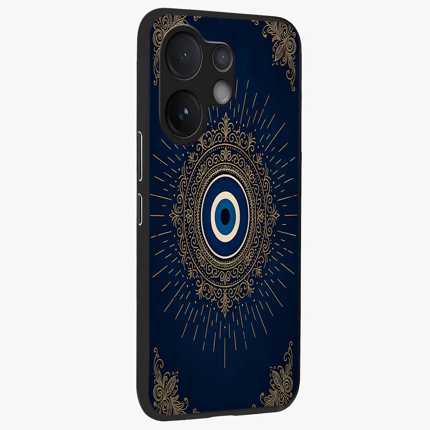 Golden Celestial Charm Glass Case upright view showcasing radiant celestial artwork with elegant golden theme.
