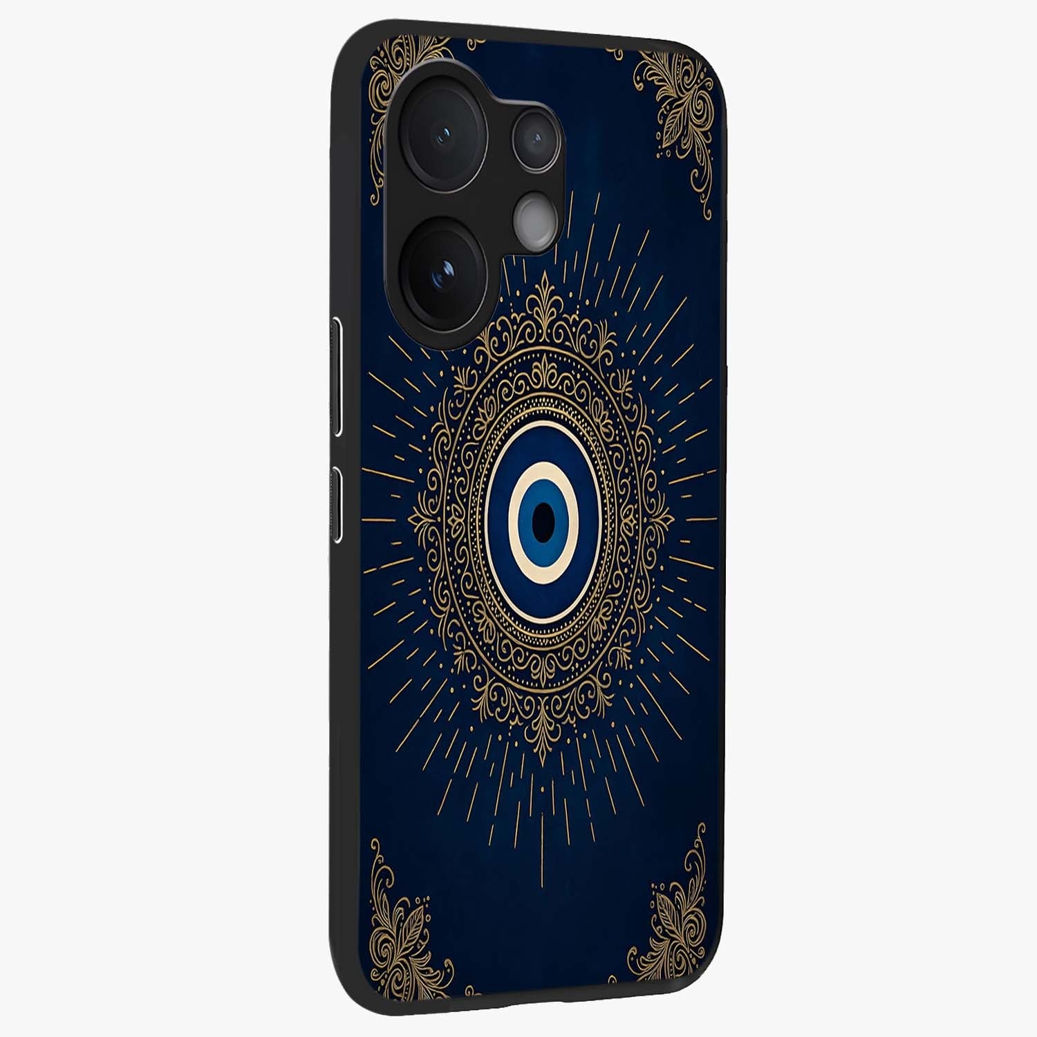 Golden Celestial Charm Glass Case upright view showcasing radiant celestial artwork with elegant golden theme.