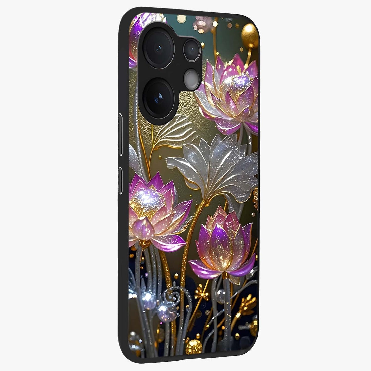 Golden Floral Majesty Glass Case upright view showcasing majestic floral artwork with rich decorative theme.
