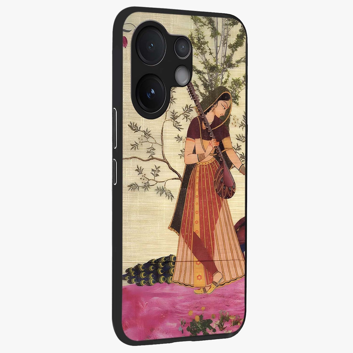 Lady With Veena Art Glass Case upright view showcasing classical veena artwork with traditional artistic theme.