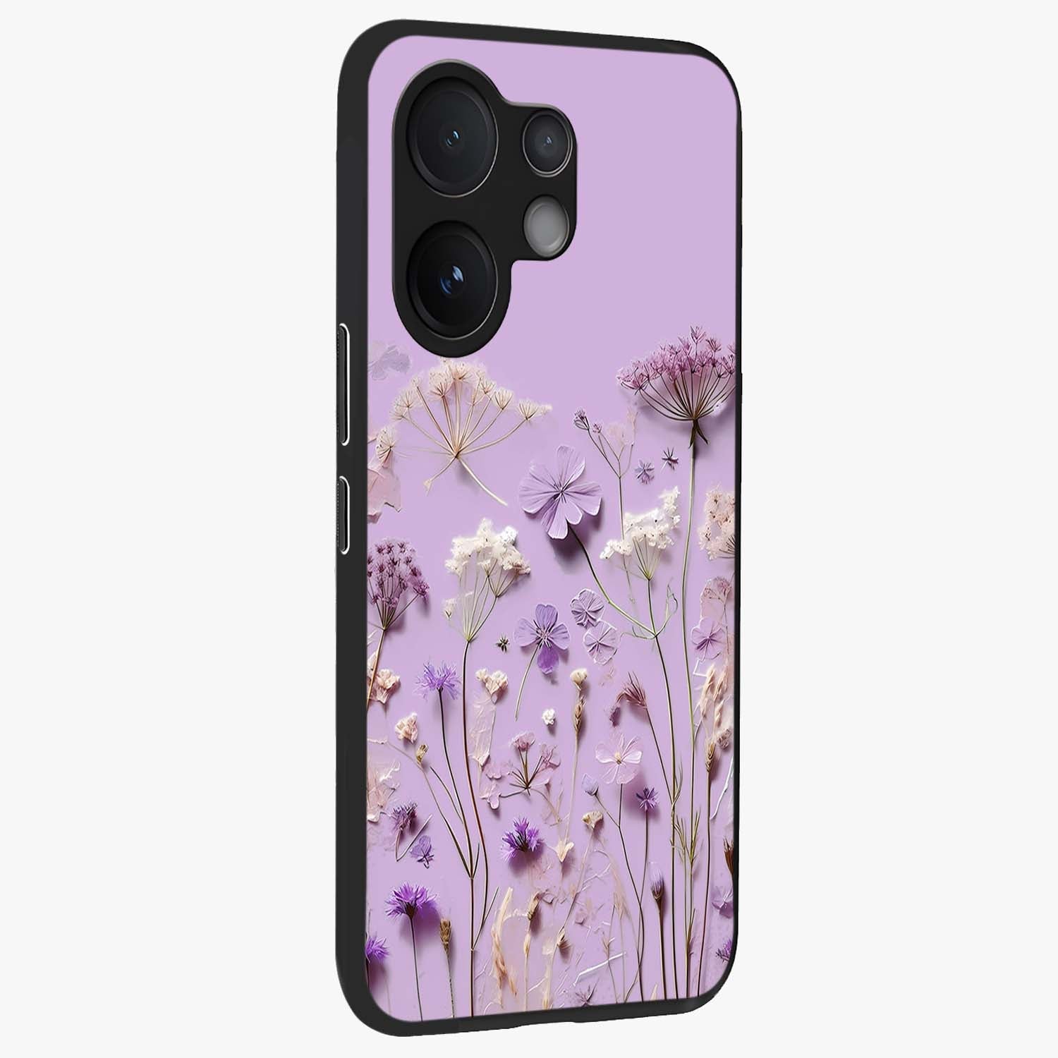 Lavender Blossom Dream Glass Case upright view showcasing delicate lavender blossom artwork with peaceful floral theme.
