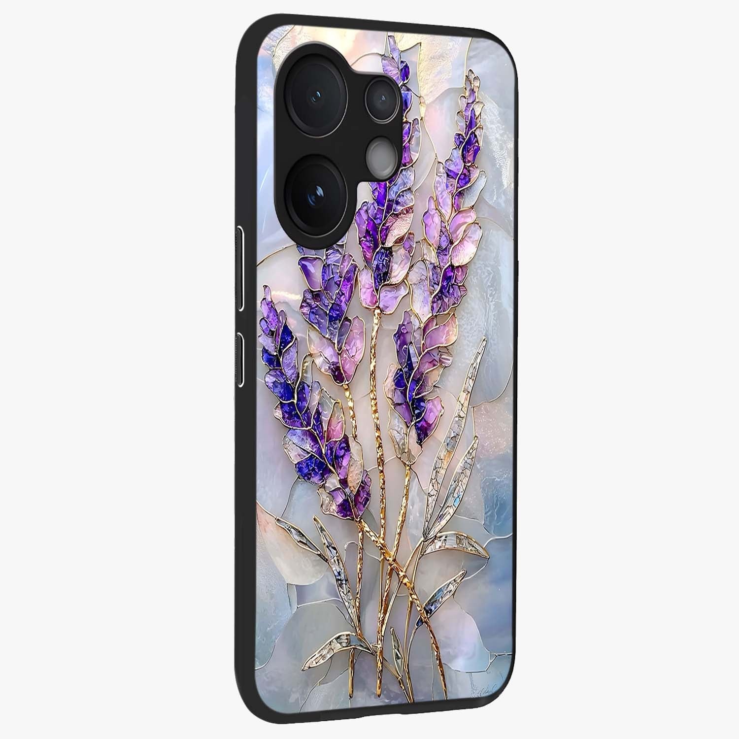 Lavender Dream Glow Glass Case upright view showcasing radiant lavender glow artwork with calming dreamy theme.