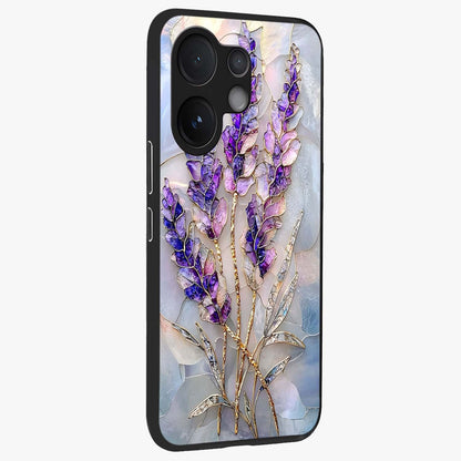 Lavender Dream Glow Glass Case upright view showcasing radiant lavender glow artwork with calming dreamy theme.