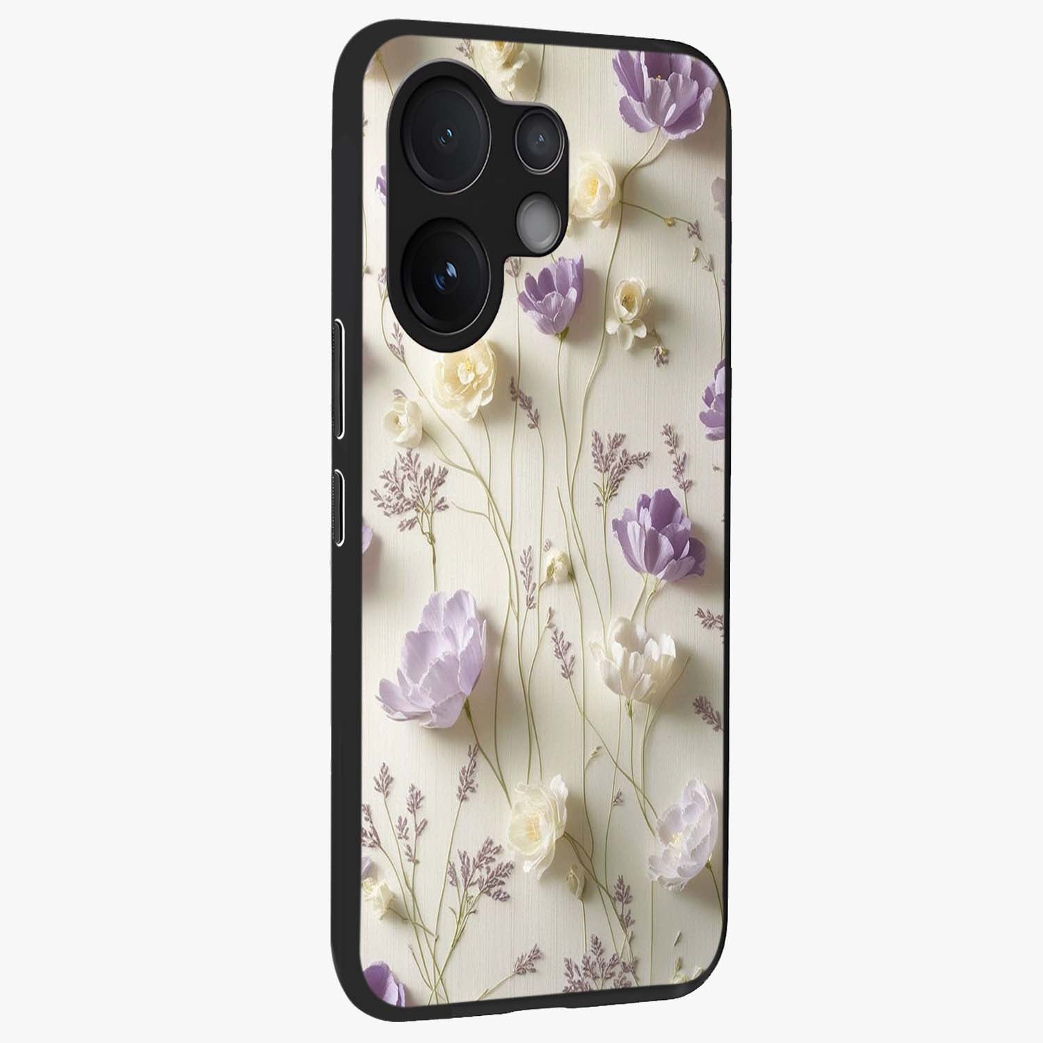 Lilac Breeze Harmony Glass Case upright view showcasing delicate lilac artwork with peaceful floral theme.
