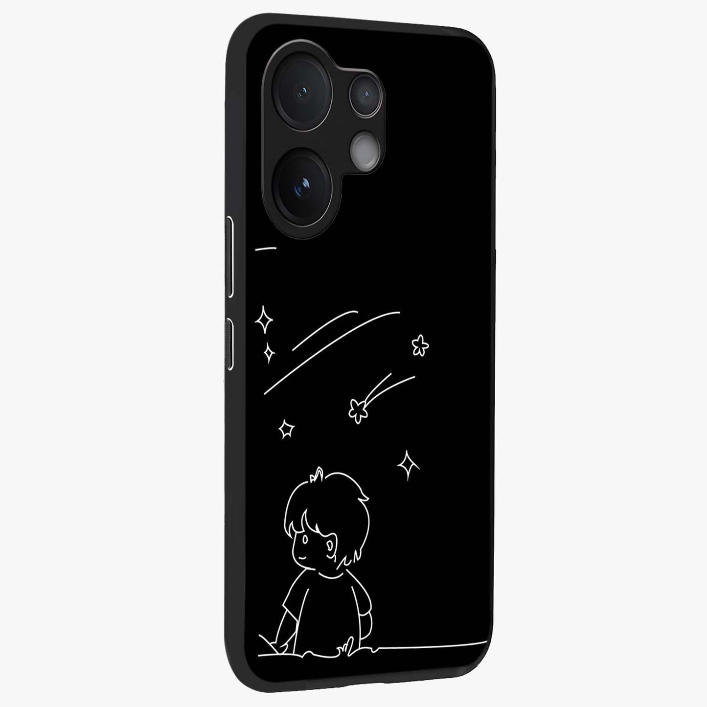Line Art Boy With Shooting Stars Glass Case upright view showcasing artistic shooting star illustration with minimal style.