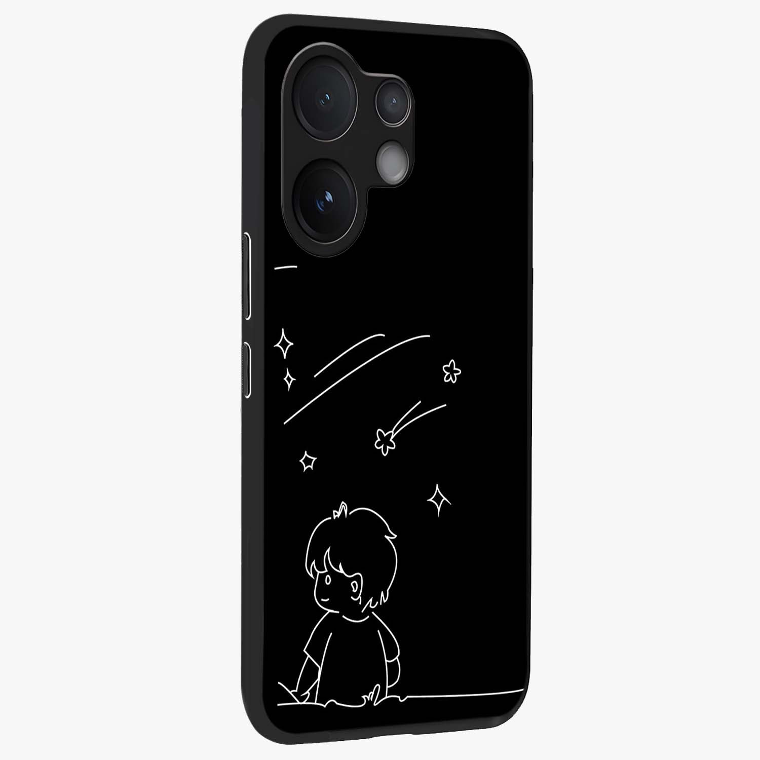 Line Art Boy With Shooting Stars Glass Case upright view showcasing artistic shooting star illustration with minimal style.