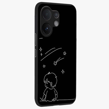 Line Art Boy With Shooting Stars Glass Case upright view showcasing artistic shooting star illustration with minimal style.
