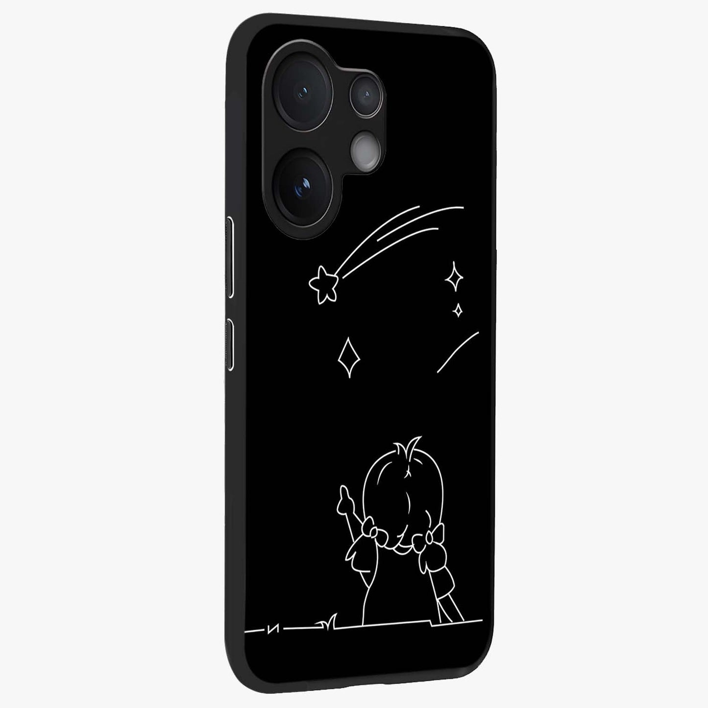 Line Art Girl With Shooting Stars Glass Case upright view showcasing delicate shooting stars artwork with minimal artistic theme.
