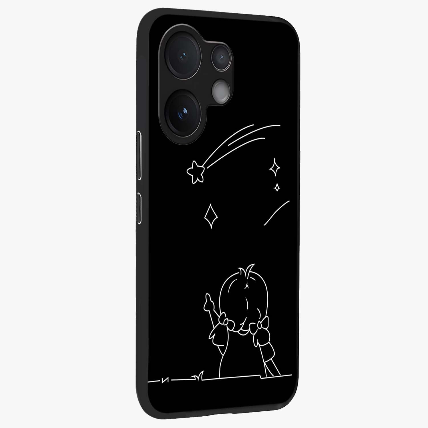 Line Art Girl With Shooting Stars Glass Case upright view showcasing delicate shooting stars artwork with minimal artistic theme.