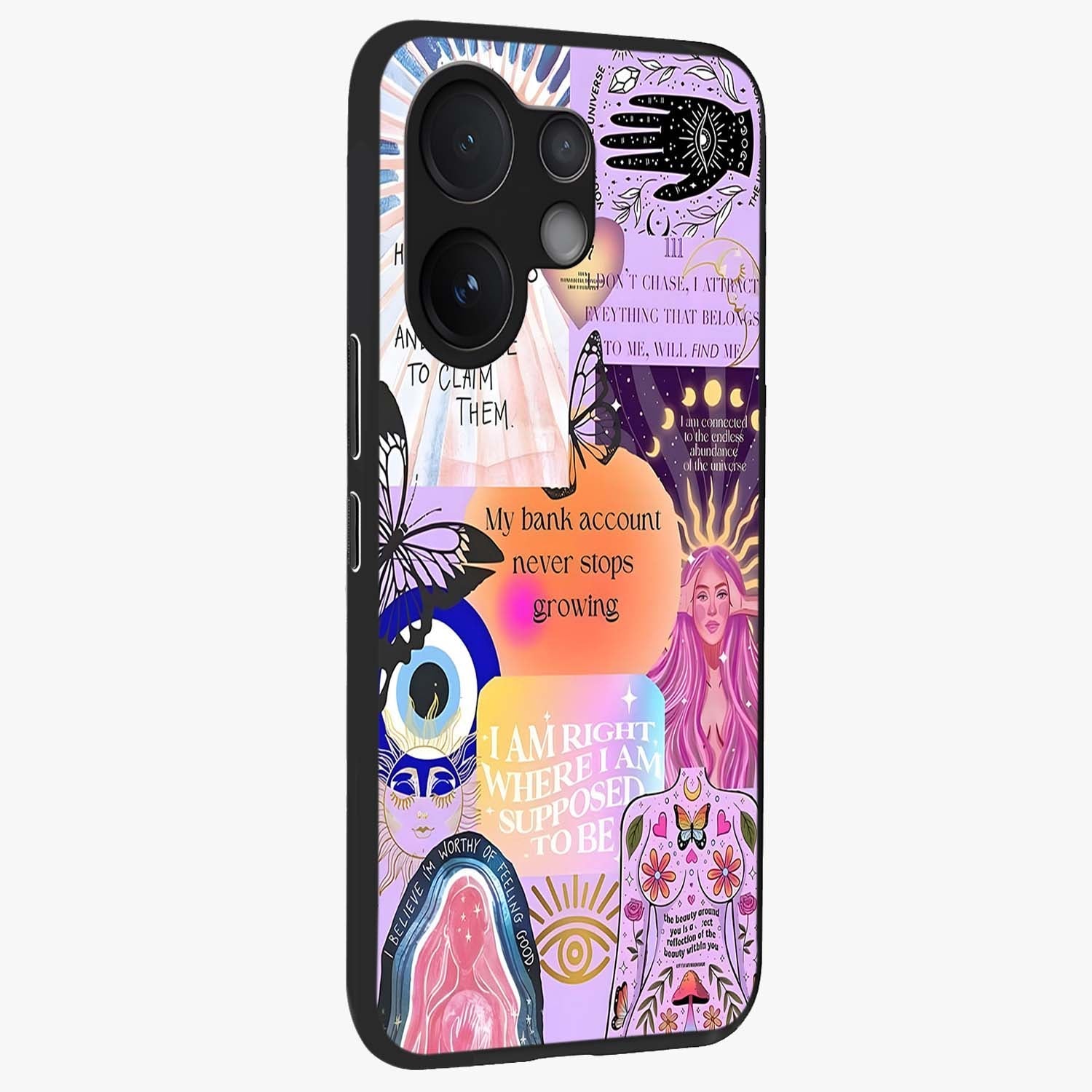 Manifestation Collage Glass Case upright view showcasing artistic manifestation themed artwork with creative style.