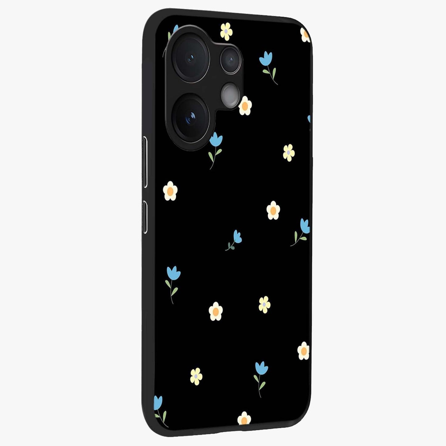 Minimal Petal Whispers Glass Case upright view showcasing elegant floral artwork with modern minimalist style.