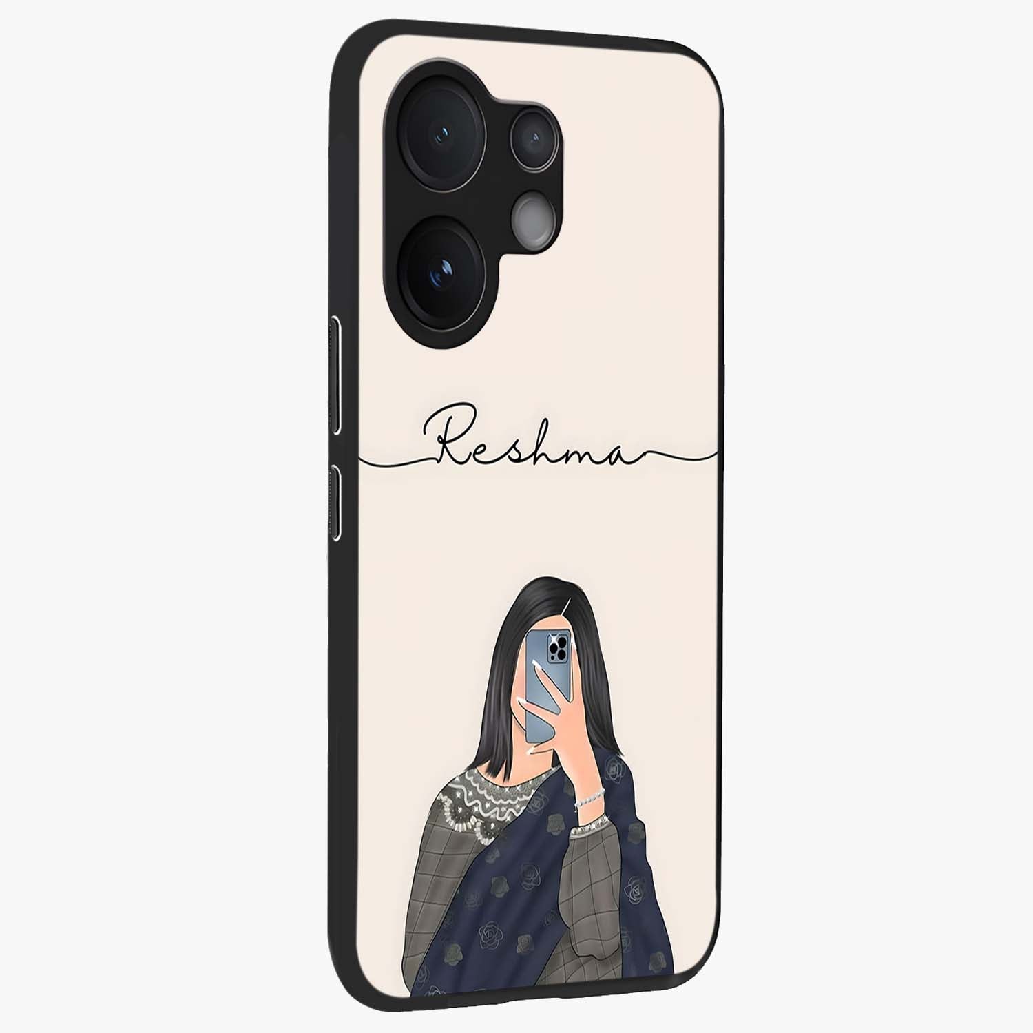 Mirror Mood Muse With Custom Name Glass Case upright view showcasing artistic mirror themed artwork with personalized aesthetic.