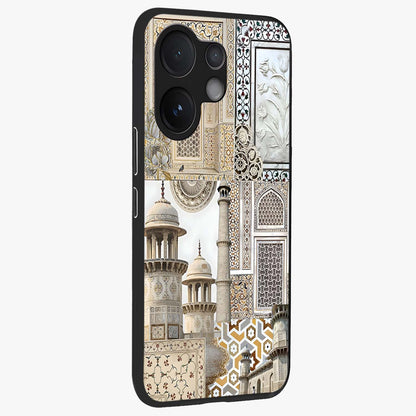 Mughal Marble Legacy Glass Case upright view showcasing ornate Mughal design with luxurious traditional theme.