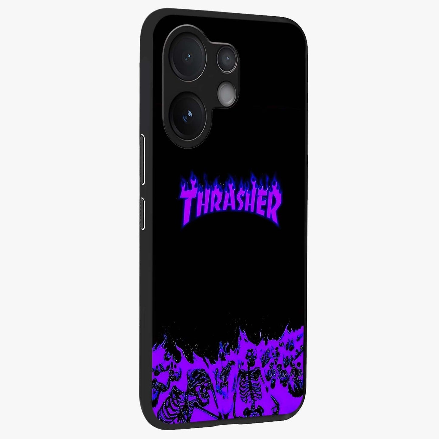 Neon Flame Riot Glass Case upright view showcasing dynamic flame artwork with energetic neon theme.