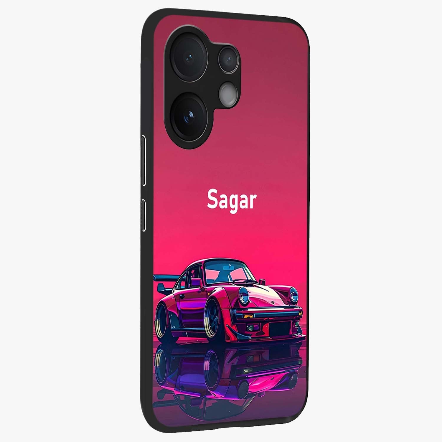 Neon Pink Porsche Glass Case upright view showcasing vibrant sports car artwork with bold automotive theme.